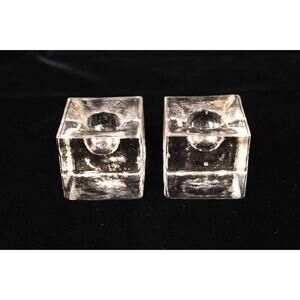 Pair of Ice Cube Clear Glass Tapered Candle Holders Vintage
